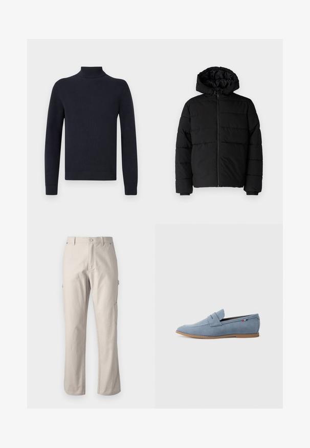 Musta puhvijakku, jossa on vetoketjukiinnitys, huppu ja vaakasuora tikkauksen rakenne. Valmistettu sileästä, kestävästä kankaasta, jossa on röpelöiset hihansuut.; Tummansininen pooloneule, joka on valmistettu ribbineuloksesta. Siinä on pitkät hihat ja kireät hihansuut, ja muotoilu on puhdas ja yksinkertainen.; Beige cargo-housut, jotka on valmistettu kestävästä puuvillasta, suorat lahkeet, etupainikekiinnitys ja sivutaskut käytännöllisyyttä varten. Sileä pinta ja huomaamaton ompelu.; Vaaleansininen mokkanahkainen loafer, jossa on sileä pinta, koristeommel ja ruskea kumipohja. Mallissa on myös penny-slot-tyylinen rakenne päällisessä.