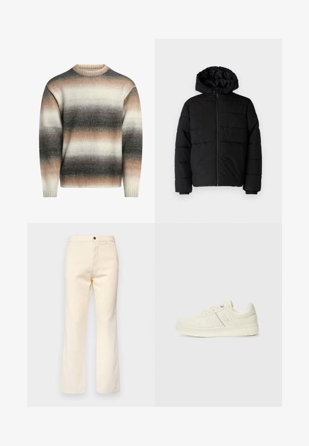 Casaco puffer preto com fecho de correr, capuz e design acolchoado horizontal. Feito de um tecido liso e durável com punhos canelados.; Sweater de malha com colarinho redondo, punhos canelados e padrão em gradiente nas tonalidades de creme, bege e cinza. Textura suave e ajuste descontraído.; Calças de ganga de algodão em creme, com um design de perna reta, apresentando um fecho frontal por botão e um estilo padrão de cinco bolsos.; Sapatilha de cor creme com detalhes perfurados, atacadores e logotipo na lateral, apresentada contra um fundo branco liso.