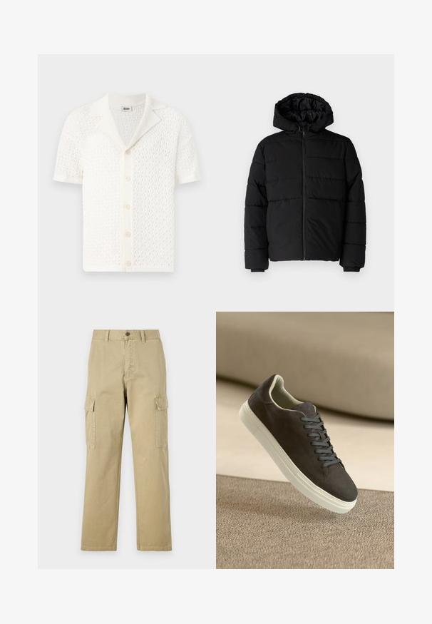Doudoune noire avec fermeture éclair à l'avant, capuche et design matelassé horizontal. Fabriquée dans un tissu lisse et durable avec des poignets côtelés.; Cardigan blanc en tricot à manches courtes, avec un design en maille texturée et ouverte et un col classique. Présente six boutons de fermeture à l'avant.; Pantalons cargo beiges en coton, dotés de deux poches latérales, d'une fermeture à bouton et de jambes droites avec un tissu légèrement texturé.; Baskets en suède gris foncé avec lacets assortis et semelle en caoutchouc blanc, placées au-dessus d'une surface beige texturée avec un fond doux.