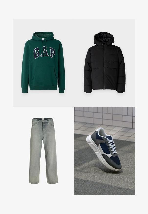 Svart boblejakke med glidelås foran, hette og horisontalt quiltet design. Laget av et glatt, slitesterkt stoff med ribbede cuffs.; Grønn hettegenser laget av bomullsmiks, med kengurulomme, snorhette og stort "GAP"-logo i hvite og marineblå bokstaver.; Lys grå, løstsittende jeans laget av denim. Har en klassisk fem-lomme-design, beltehemper og en rett ben-silhuett.; Sneakers med en navy blå mesh-overdel, grå sømværk, hvit gummisåle og flate hvite snører, designet for komfort og pusteevne.
