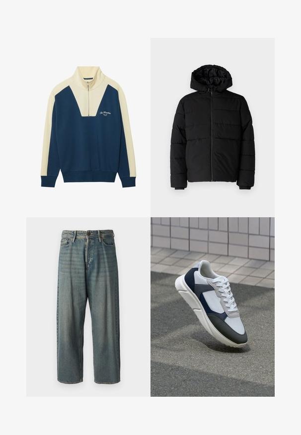 Casaco puffer preto com fecho de correr, capuz e design acolchoado horizontal. Feito de um tecido liso e durável com punhos canelados.; Sweater em mistura de algodão azul-marinho e creme com colarinho de meia-zip, apresentando um design em forma de V e texto de logotipo no peito. Material suave.; Jeans de ganga azul claro com um corte solto, cintura média e pernas retas. Apresenta cinco bolsos, passadores de cinto e fecho com botão.; Sapatilhas brancas, azuis-marinho e cinzas com um design de materiais mistos, apresentando uma parte superior texturizada, atacadores planos e uma sola acolchoada.