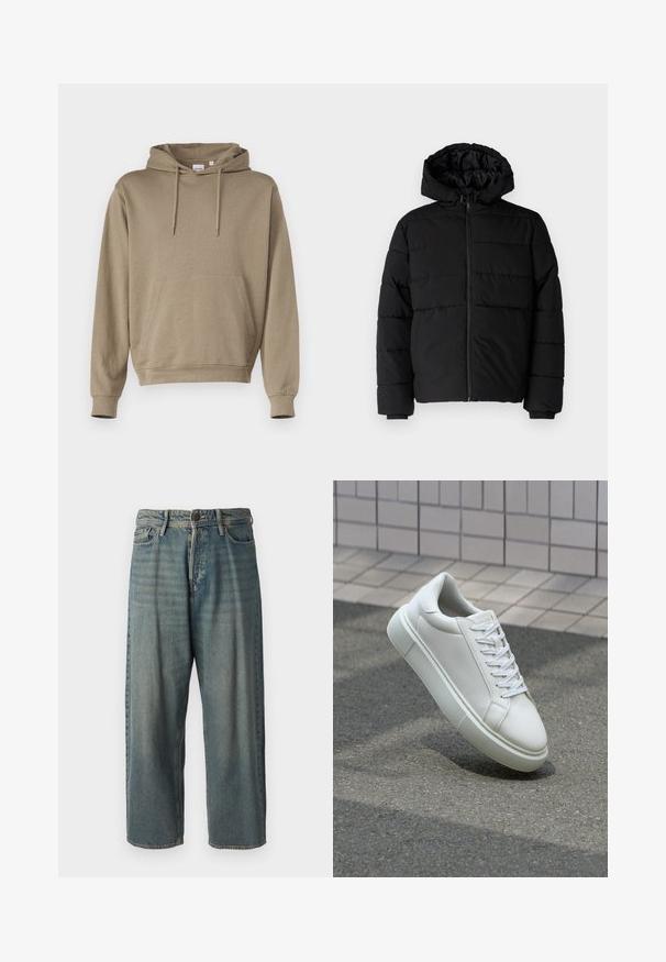Crni puffer kaput s patentnim zatvaračem sprijeda, kapuljačom i horizontalnim šavovima. Izrađen od glatkog, izdržljivog materijala s rebrastim manžetama.; Kapuljača u svijetlosmeđem materijalu, sa prednjim kenguru džepom, rebrastim manžetama i opuštenim krojem.; Svijetloplave traperice s širokim krojem, srednjim pojasom i ravnim nogavicama. Ima pet džepova, petlje za remen i kopčanje na gumb.; Bijela kožna tenisica s glatkom površinom, okruglim vrhom i ravnim bijelim vezicama. Ima teksturiran gumeni potplat i minimalne dizajnerske elemente.