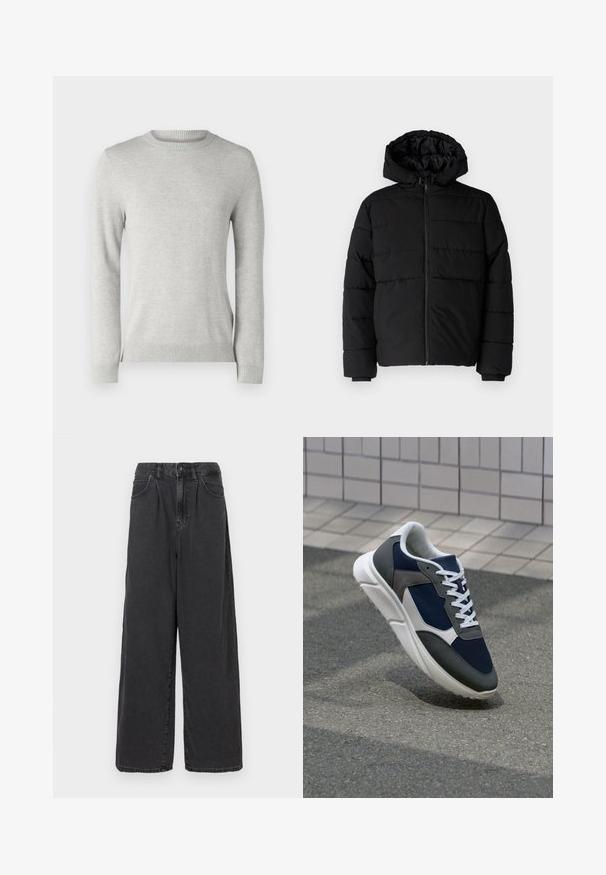 Čierna puff jacket s predným zipsom, kapucňou a horizontálnym prešívaním. Vyrobená z hladkej, odolnej tkaniny s rebrovanými manžetami.; Svetlošedý pletený sveter s okrúhlym výstrihom, dlhými rukávmi, textúrovaným vzorom a rebrovanými manžetami a spodným okrajom. Mäkka, priedušná tkanina.; Široké nohavice z čierneho denimu s vysokým pásom, s predným zapínaním na gombík a zips, so bočnými vreckami a hladkou textúrou.; Tenisky s sieťovinou v námorníckej modrej farbe, so sivými semišovými detailmi, bielou gumovou podrážkou a plochými bielymi šnúrkami, navrhnuté pre pohodlie a priedušnosť.