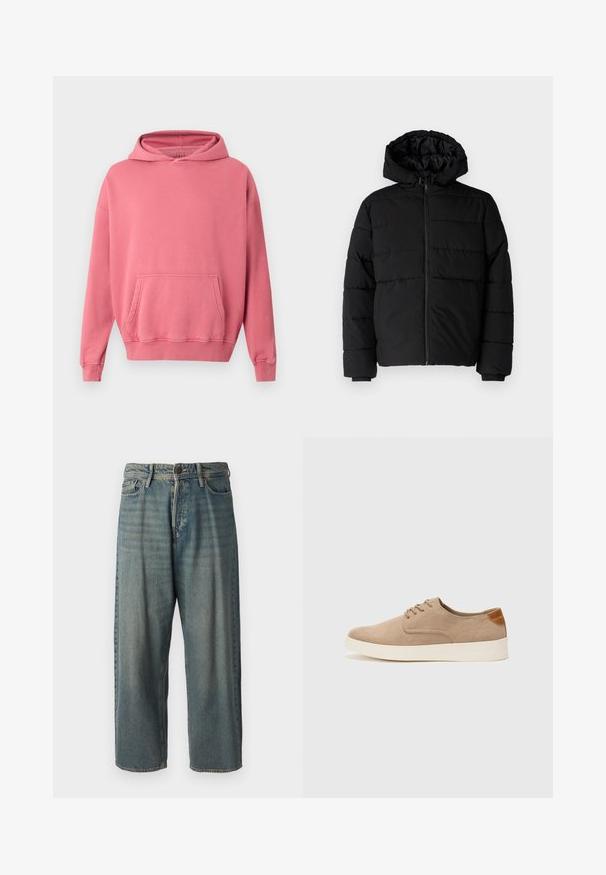Black puffer jacket featuring a zip front, a hood, and horizontal quilted design. Made of a smooth, durable fabric with ribbed cuffs.; Pink hooded sweatshirt with a kangaroo pocket, ribbed cuffs, and hem. Made from soft, textured fabric. Simple design, no visible logos or patterns.; Light blue denim jeans with a loose fit, mid-rise waist, and straight legs. Features five pockets, belt loops, and a button closure.; Beige suede sneakers with a rounded toe, lace-up front, and a textured back accent. White rubber sole provides contrast. Simple and modern design.