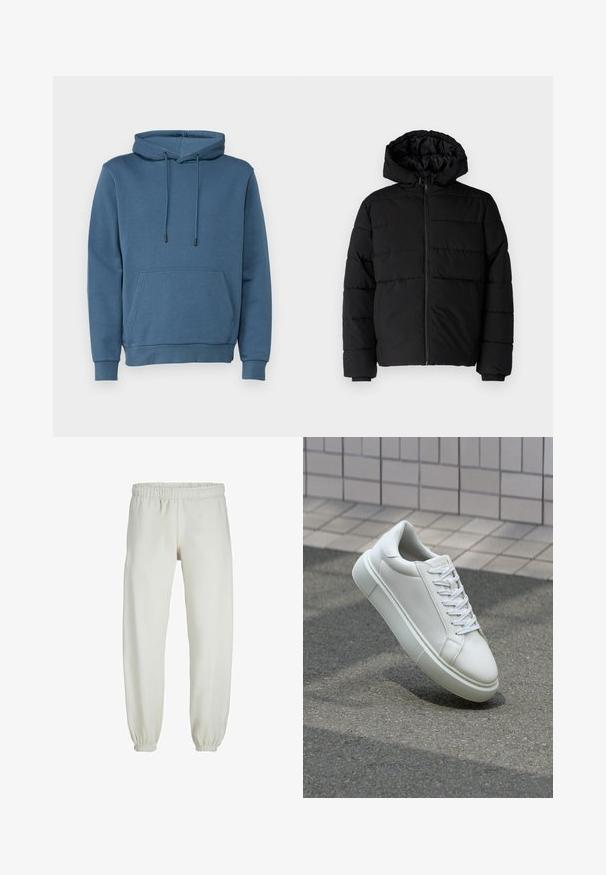 Doudoune noire avec fermeture éclair à l'avant, capuche et design matelassé horizontal. Fabriquée dans un tissu lisse et durable avec des poignets côtelés.; Sweatshirt à capuche bleu, avec une poche avant, des cordons de serrage, des poignets et un ourlet côtelés. Fabriqué en tissu doux et texturé.; Pantalons de survêtement blancs en tissu doux, avec une taille et des poignets élastiques, présentant une texture lisse et un design ample.; Baskets en cuir blanc avec une surface lisse, bout rond et lacets plats blancs. Présentent une semelle en caoutchouc texturée et des éléments de design minimalistes.