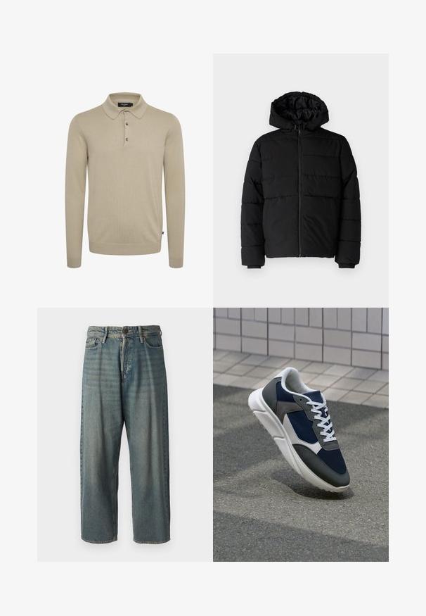 Schwarze Daunenjacke mit Reißverschluss vorne, Kapuze und horizontalem Steppmuster. Hergestellt aus einem glatten, strapazierfähigen Stoff mit gerippten Manschetten.; Langärmliges Polohemd aus leichtbeigem Strickstoff, mit klassischem Kragen, einer Drei-Knopf-Leiste und gerippten Bündchen.; Helle blaue Denim-Jeans mit lockerer Passform, mittelhoher Taille und geraden Beinen. Hat fünf Taschen, Gürtelschlaufen und einen Knopfverschluss.; Sneaker mit einem Obermaterial aus navyblauem Mesh, grauen Wildlederelementen, einer weißen Gummisohle und flachen weißen Schnürsenkeln, entworfen für Komfort und Atmungsaktivität.