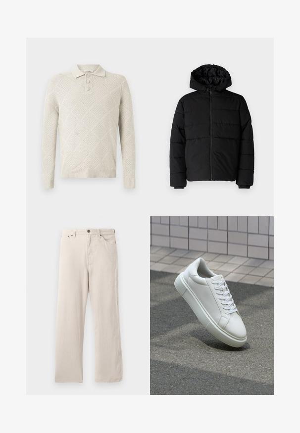 Sort pufferjakke med lynlås foran, hætte og vandret quiltet design. Lavet af et glat og holdbart stof med ribbede manchetter.; Lys beige strikket polo sweater med diamantmønster, tre-knaps lukning og ribbede manchetter og kant.; Beige fløjl bukser med lige snit, der har en ribbet tekstur, fem-lomme design og knap-fly lukning.; Hvide lædersneakers med en glat overflade, rund tå og flade hvide snørebånd. Har en tekstureret gummisål og minimalt design.