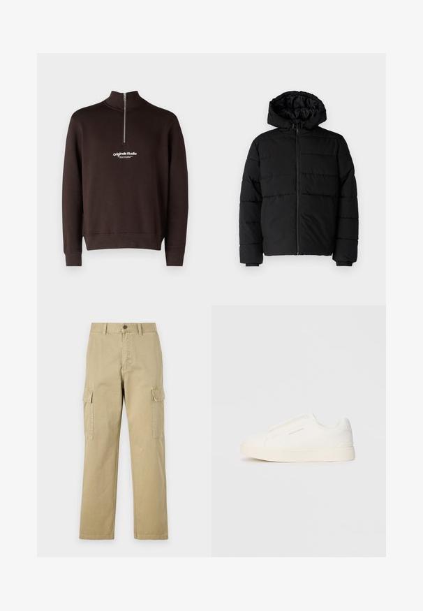 Μαύρο μπουφάν με φερμουάρ μπροστά, κουκούλα και οριζόντιο ραμμένο σχέδιο. Κατασκευασμένο από ομαλό, ανθεκτικό ύφασμα με ριγέ μανσέτες.; Καφέ φούτερ με ψηλό γιακά και μισό φερμουάρ. Διαθέτει λευκό λογότυπο "originals Studio" στο στήθος; ριγέ μανσέτες και στρίφωμα.; Μπεζ cargo παντελόνια φτιαγμένα από βαμβάκι, με δύο πλάγιες τσέπες, κουμπί κλεισίματος και ίσια πόδια με ελαφρώς υφαντό ύφασμα.; Λευκά slip-on παπούτσια με υφή, παχύ πάτο και μινιμαλιστικό σχέδιο. Φέρει το λογότυπο της μάρκας στο πλάι.
