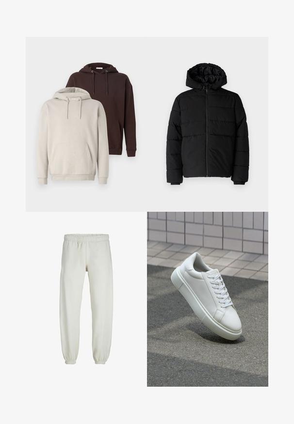 Melna pūkainā jaka ar rāvējslēdzēju priekšā, kapuci un horizontālu quiltēšanas dizainu. Izgatavota no gludas, izturīgas auduma ar ribotām piedurknēm.; Divas kapucēm: viena bēša un otra tumši brūna. Abām ir jaku kabata, regulējami auklas un ribotas aproces.; Baltas treniņbikses, izgatavotas no mīkstas auduma, ar elastīgu jostu un piedurknēm, gluda tekstūra un brīva piegriezuma dizains.; Baltas ādas sporta apavi ar gludu virsmu, apaļu pirkstu un plakanām baltām šņorēm. Iezīmējas ar strukturētu gumijas zoli un minimālisma dizaina elementiem.