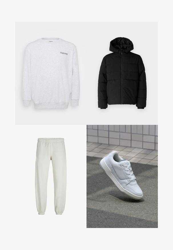 Black puffer jacket featuring a zip front, a hood, and horizontal quilted design. Made of a smooth, durable fabric with ribbed cuffs.; Light gray sweatshirt made of fleece material. Features a crew neck, long sleeves, and "Club1990" printed in black on the front.; White sweatpants made from soft fabric, featuring an elastic waistband and cuffs, with a smooth texture and loose-fitting design.; White leather sneaker with perforated sides, textured accents, flat laces, and a contrasting gray heel. Features a slightly elevated sole.