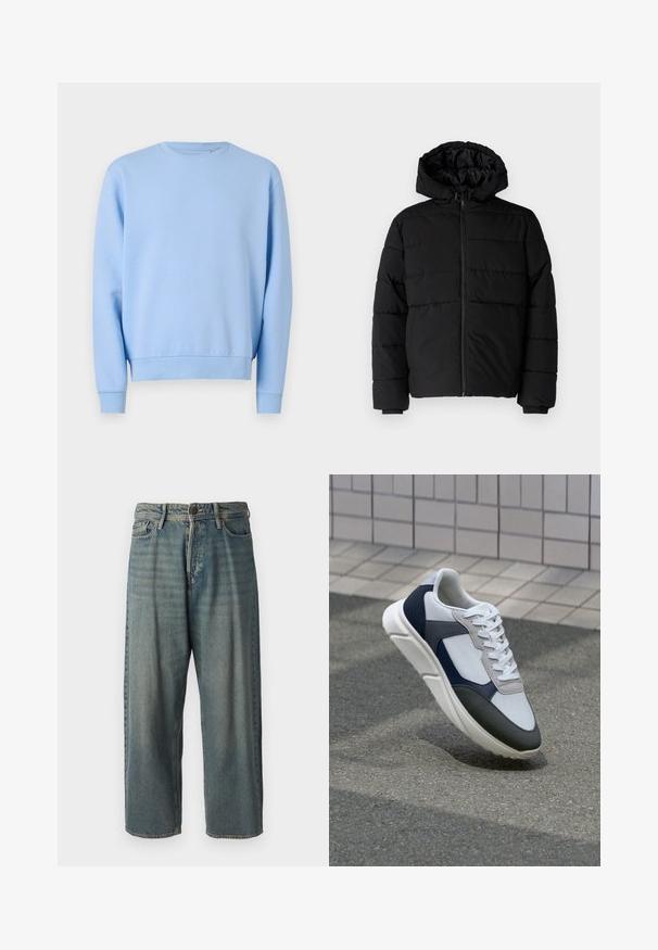 Casaco puffer preto com fecho de correr, capuz e design acolchoado horizontal. Feito de um tecido liso e durável com punhos canelados.; Sweatshirt azul claro com um decote redondo, mangas longas e punhos e bainha canelados. Feito de um tecido macio e suave. Sem padrões ou detalhes.; Jeans de ganga azul claro com um corte solto, cintura média e pernas retas. Apresenta cinco bolsos, passadores de cinto e fecho com botão.; Sapatilhas brancas, azuis-marinho e cinzas com um design de materiais mistos, apresentando uma parte superior texturizada, atacadores planos e uma sola acolchoada.