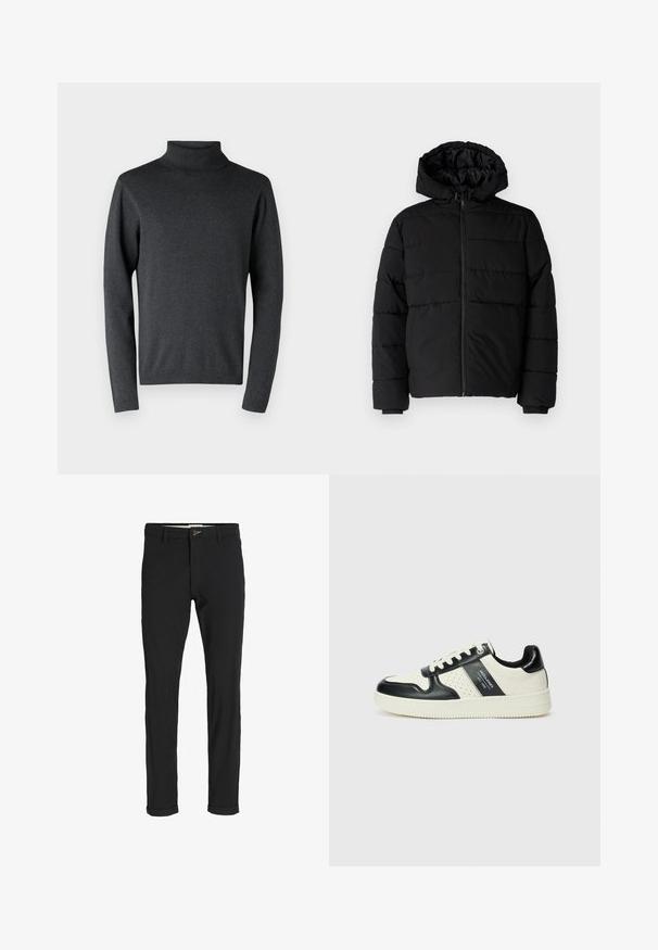 Giacca a vento nera con zip frontale, cappuccio e design a righe orizzontali. Realizzata in un tessuto liscio e resistente con polsini a coste.; Maglione a collo alto grigio scuro realizzato in materiale morbido, con maniche lunghe e polsini e orlo a coste, dalla texture liscia e uniforme.; Pantaloni neri in cotone misto con vestibilità slim, dotati di chiusura con bottone, tasche e orli arrotolati per un look informale.; Sneakers in pelle con una combinazione di colori nero e crema, dotati di dettagli perforati, collare imbottito e suola testurizzata.