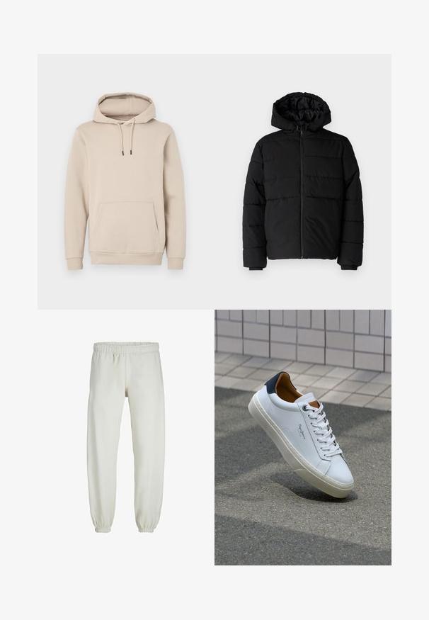 Svart puffjacka med dragkedja fram, huva och horisontellt quiltat mönster. Tillverkad av ett slätt, hållbart tyg med ribbade ärmslut.; Hoodie i ljusbeige, tillverkad av mjukt material. Har en framficka och justerbara dragskor med svarta ändar. Ribbad mudd.; Vita sweatpants gjorda av mjukt tyg, med elastisk midja och muddar, samt en slät textur och lös passform.; Vita lädersneakers med en marinblå häl, rund tå och kontrasterande bruna detaljer. Har plana snören och en texturerad gummisula.