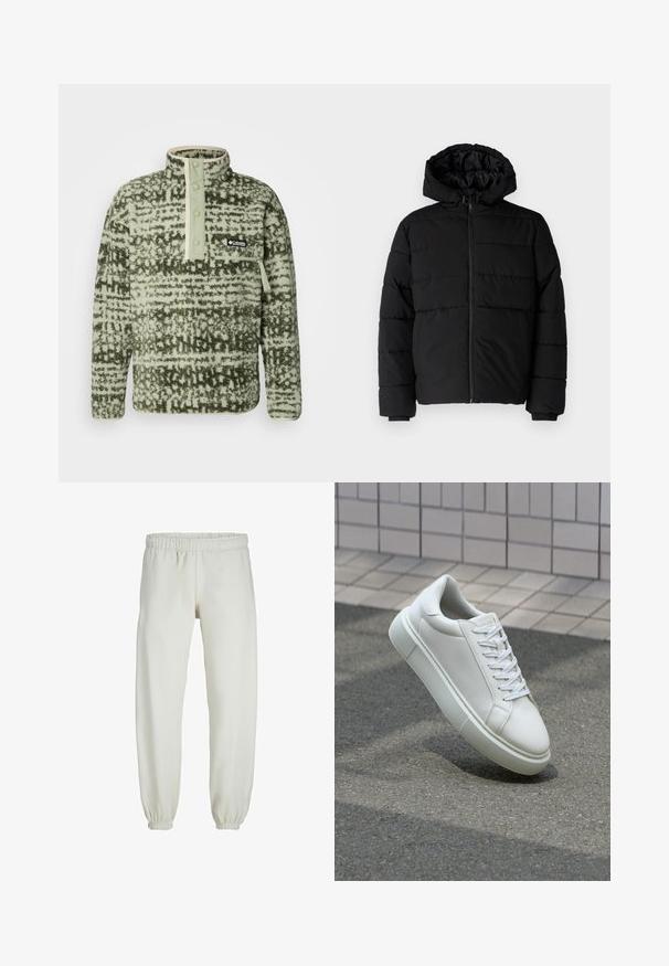 Črna puhovka z zadrgo spredaj, kapuco in vodoravno šivano obliko. Narejena je iz gladkega, trpežnega materiala z rebrastimi manšetami.; Columbia HELVETIA - Pulover iz flisa - greenscape; Bele trenerke narejene iz mehkega blaga, z elastičnim pasom in manšetami, gladke teksture in ohlapnega kroja.; Bela usnjena teniska obutev z gladko površino, okroglo konico in ravnimi belimi vezalkami. Ima teksturiran gumijast podplat in minimalne oblikovalske elemente.