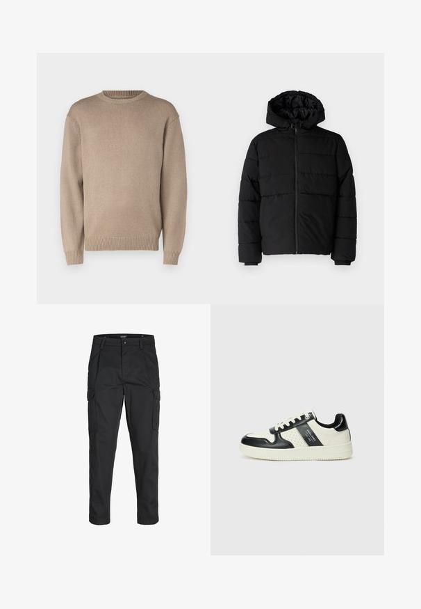 Černá péřová bunda s předním zipem, kapucí a vodorovným prošíváním. Vyrobena z hladké a odolné látky s žebrovanými manžetami.; Beige pletený svetr s kulatým výstřihem, dlouhými rukávy a žebrovanými manžetami a lemem; hladká textura s jednotným vzorem.; Černé cargo kalhoty vyrobené z odolné tkaniny, s mnoha kapsami, knoflíkovým zapínáním a slim fit střihem se zúženými nohavicemi.; Kožené tenisky s černobílou barevnou kombinací, které mají perforované detaily, polstrovaný límec a texturovanou podrážku.