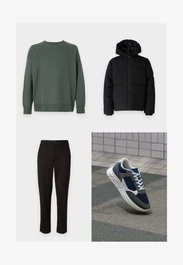 Casaco puffer preto com fecho de correr, capuz e design acolchoado horizontal. Feito de um tecido liso e durável com punhos canelados.; Sweatshirt escuro verde liso com gola redonda, mangas longas, punhos canelados e bainha reta, mostrado de costas sobre um fundo branco.; Calças pretas feitas de tecido leve, com perna reta, fecho frontal com botão, passadores de cinto e bolsos laterais.; Sapatilha com parte superior em malha azul-marinho, detalhes em camurça cinza, sola de borracha branca e atacadores brancos planos, projetada para conforto e respirabilidade.