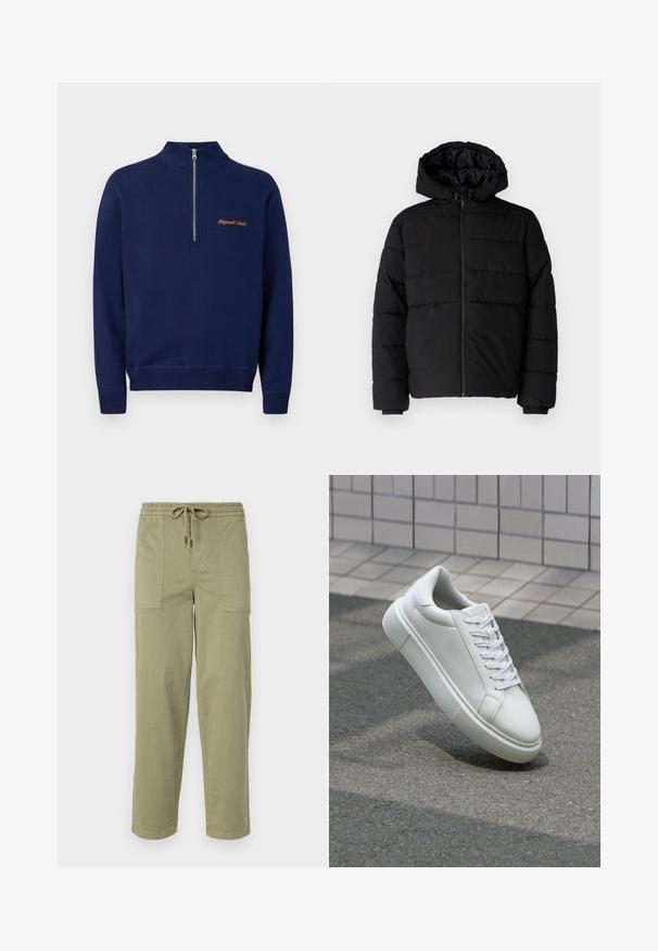 Casaco puffer preto com fecho de correr, capuz e design acolchoado horizontal. Feito de um tecido liso e durável com punhos canelados.; Sweatshirt pullover azul-marinho com colarinho de meia zip e "Originals Studio" bordado em laranja no peito.; Calças verde-oliva claras feitas de um tecido de algodão misto, com um cós elástico com cordão e dois bolsos laterais grandes.; Tênis de couro branco com superfície lisa, bico redondo e cadarços brancos planos. Apresenta uma sola de borracha texturizada e elementos de design minimalistas.