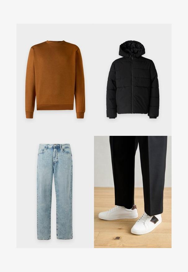 Black puffer jacket featuring a zip front, a hood, and horizontal quilted design. Made of a smooth, durable fabric with ribbed cuffs.; Brown crewneck sweatshirt with a soft texture, ribbed cuffs, and hem. Simple design, no patterns or accents, made from durable material.; Light blue straight-leg denim jeans with a button and zipper closure, front pockets, and subtle faded detailing.; White sneakers with smooth texture, featuring brown leather accents and black detailing, paired with black tailored pants. Wooden floor background.