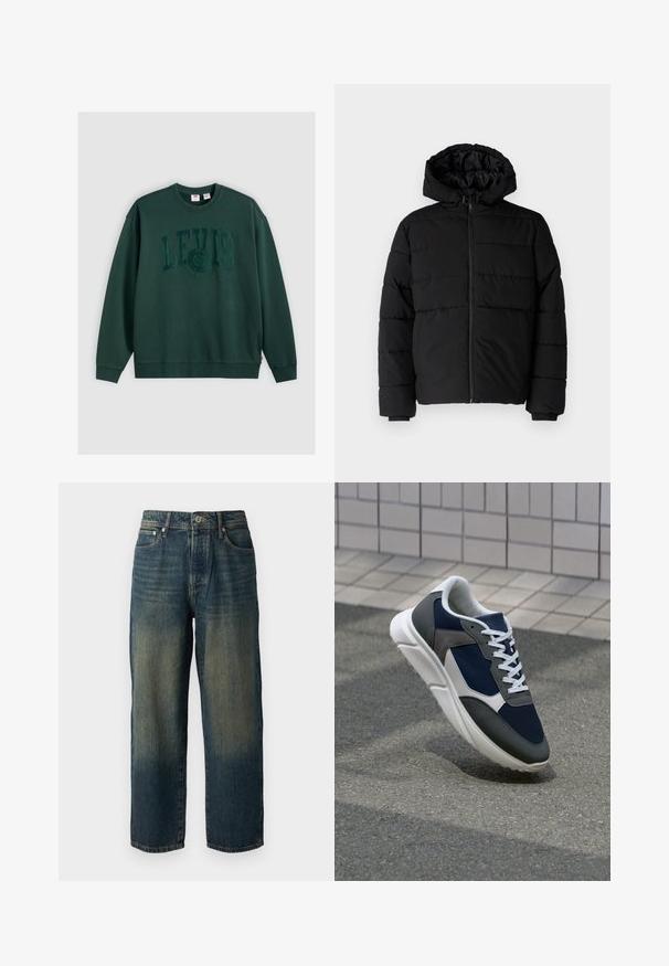 Melna pūkainā jaka ar rāvējslēdzēju priekšā, kapuci un horizontālu quiltēšanas dizainu. Izgatavota no gludas, izturīgas auduma ar ribotām piedurknēm.; Tumši zaļš krekls no kokvilnas, ar lielu reljefa "LEVI'S" logo centrā priekšpusē, ar ribotām piedurknēm un apakšmalu.; Zili džinsi ar taisnu piegriezumu, ar nolietotu dizainu un gaišākiem toņiem pie apakšas, pieci kabatas un pogu aizdare.; Sporta apavi ar tumši zilas krāsas tīkla augšdaļu, pelēku zamšādas akcentiem, baltu gumijas zoli un plakaniem baltiem šņorēm, kas izstrādāti komfortam un elpojamībai.