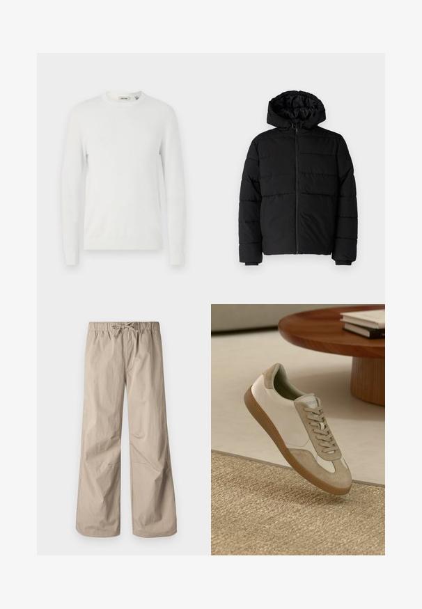 Musta puhvijakku, jossa on vetoketjukiinnitys, huppu ja vaakasuora tikkauksen rakenne. Valmistettu sileästä, kestävästä kankaasta, jossa on röpelöiset hihansuut.; Only & Sons ONSALEX CREW NECK - Neule - egret; Kermanväriset leveät housut, joissa on joustava vyötärö ja naru. Sujuva tekstuuri, kaksi sivutaskua ja minimaalinen sauma rentoa istuvuutta varten.; Kevyt lenkkari, jossa on valkoinen nahkaotsikko, beige mokkanahkakoristeet, pyöreä kärki ja teksturoitu ruskea kumipohja.