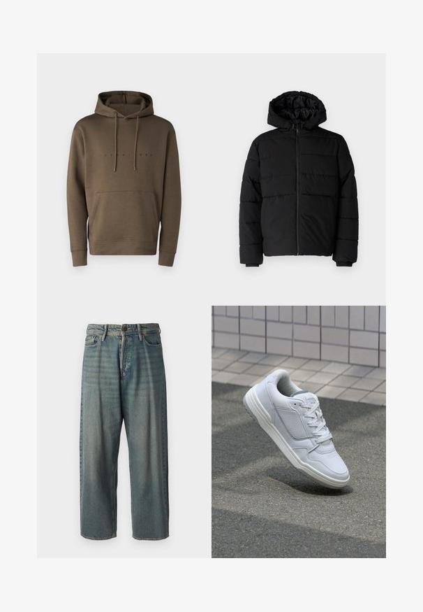 Doudoune noire avec fermeture éclair à l'avant, capuche et design matelassé horizontal. Fabriquée dans un tissu lisse et durable avec des poignets côtelés.; Sweatshirt à capuche marron avec cordons, poche kangourou à l'avant et un logo imprimé en noir sur la poitrine. Texture de tissu douce.; Jeans en denim bleu clair avec une coupe ample, taille mi-haute et jambes droites. Comprend cinq poches, des passants de ceinture et une fermeture à bouton.; Baskets en cuir blanc avec des côtés perforés, des accents texturés, des lacets plats et un talon gris contrasté. Présente une semelle légèrement surélevée.