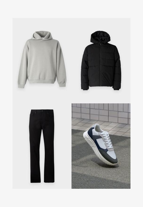 Melna pūkainā jaka ar rāvējslēdzēju priekšā, kapuci un horizontālu quiltēšanas dizainu. Izgatavota no gludas, izturīgas auduma ar ribotām piedurknēm.; Gaiši pelēks džemperis ar brīvu piegriezumu, pārāk izmēra kapuci, garām piedurknēm un ribotiem aprocēm un apakšmalu. Gluda auduma virsma bez rakstiem vai akcentiem.; Melna taisna kāja džinsi, izgatavoti no denima, ar priekšējo pogu aizdari, divām sānu kabatām un gludu tekstūru.; Balti, tumši zili un pelēki sporta apavi ar jauktu materiālu dizainu, kuram ir teksturēts augšdaļa, plakani šņores un mīkstināta zole.