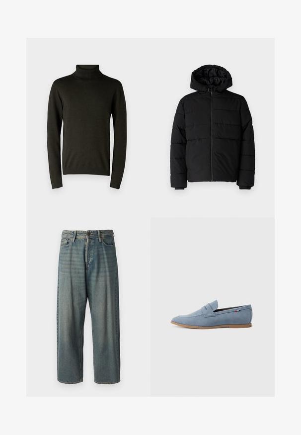 Svart boblejakke med glidelås foran, hette og horisontalt quiltet design. Laget av et glatt, slitesterkt stoff med ribbede cuffs.; Mørk grønn høyhalset genser laget av mykt strikkemateriale, med lange ermer og ribbestrikkede mansjetter og nederkant. Glatt tekstur med minimale detaljer.; Lyseblå denimjeans med løs passform, midjehøyde og rette ben. Har fem lommer, beltehemper og knappelukking.; Lys blå semsket loafersko med en jevn tekstur, dekorativ søm og en brun gummisåle. Har en penny-slot-desig på overdelen.