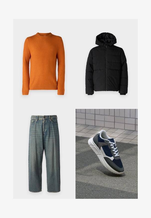 Czarna kurtka puchowa z zamkiem z przodu, kapturem i poziomym pikowaniem. Wykonana z gładkiego, trwałego materiału z prążkowanymi mankietami.; Jack & Jones JJROY pomarańczowy; Jasnoniebieskie dżinsy o luźnym kroju, średnim stanie i prostych nogawkach. Posiadają pięć kieszeni, szlufki na pasek oraz zapięcie na guzik.; Sneakers z granatową siateczkową cholewką, szarymi zamszowymi akcentami, białą gumową podeszwą i płaskimi białymi sznurówkami, zaprojektowane z myślą o komforcie i wentylacji.