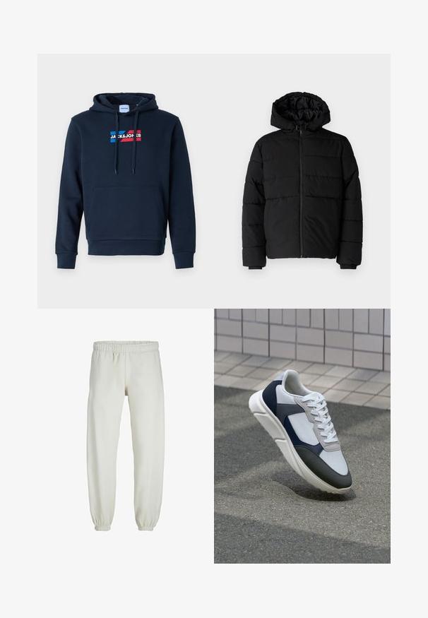 Zwarte pufferjack met een ritssluiting aan de voorkant, een capuchon en een horizontaal gestikt ontwerp. Gemaakt van een gladde, duurzame stof met ribgebreide manchetten.; Marineblauwe hoodie met een voorkant kangaroo zak, een capuchon met trekkoord en een logo in rood en blauw, met een zachte, gladde textuur en geribbelde manchetten.; Witte sweatpants gemaakt van zachte stof, met een elastische tailleband en boorden, een gladde textuur en een losvallend ontwerp.; Witte, marineblauwe en grijze sneaker met een gemengde materiaald ontwerp, met een gestructureerde bovenkant, platte veters en een gevoerde zool.