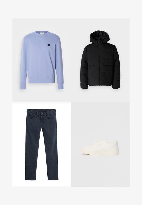 Fekete puff dzseki cipzárral elöl, kapucnival és vízszintes steppelt mintázattal. Simább, tartós anyagból készült, bordázott mandzsettákkal.; Világoskék pulóver puha anyagból. Kerek nyakkivágással és bordázott mandzsettákkal rendelkezik. Egy kis fekete logó folt található a mellkasán.; Sötétkék farmernadrág, szűk szabású, ötpzsebes kialakítású, gombos záródású, enyhén kopott hatású szövettel.; Fehér slip-on sportcipők texturált felülettel, vastag talppal és minimalista dizájnnal. Az oldalon a márka logója található.