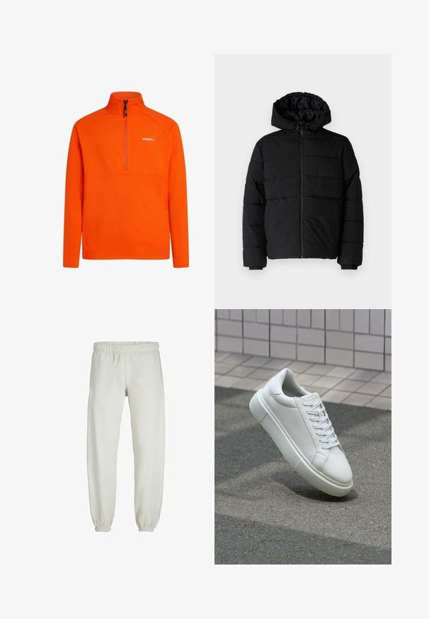Schwarze Daunenjacke mit Reißverschluss vorne, Kapuze und horizontalem Steppmuster. Hergestellt aus einem glatten, strapazierfähigen Stoff mit gerippten Manschetten.; Oranger Fleece-Pullover mit hohem Kragen und halber Reißverschluss-Design. Mit Raglanärmeln und einem kleinen weißen Logo auf der Brust.; Weiße Jogginghose aus weichem Stoff, mit elastischem Bund und Säumen, einer glatten Textur und lockerem Schnitt.; Weiße Leder-Sneaker mit glatter Oberfläche, runder Zehenpartie und flachen weißen Schnürsenkeln. Verfügt über eine strukturierte Gummisohle und minimalistische Designelemente.