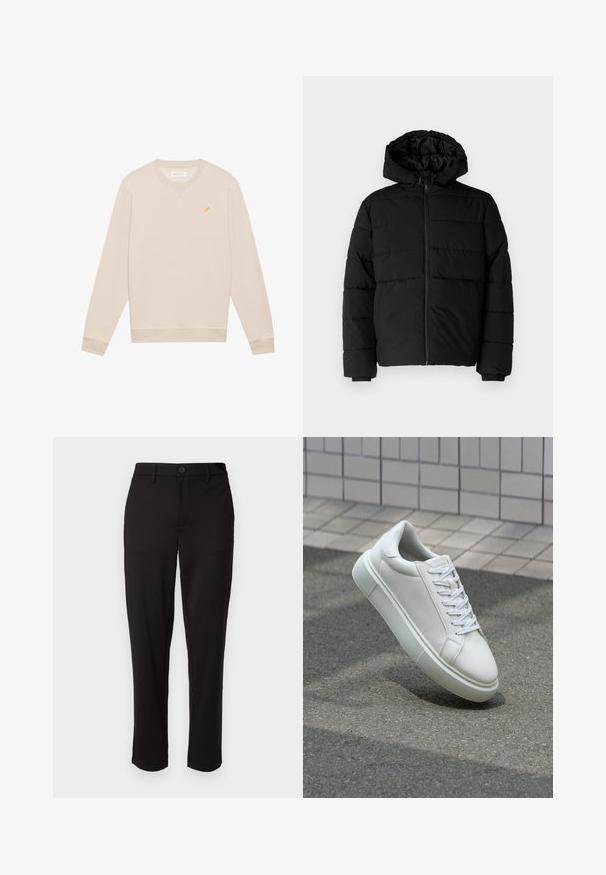 Black puffer jacket featuring a zip front, a hood, and horizontal quilted design. Made of a smooth, durable fabric with ribbed cuffs.; Beige long-sleeve crewneck sweatshirt with small yellow bird embroidery on the left chest, ribbed cuffs, and hem.; Black trousers made of lightweight fabric, featuring a straight leg, front button closure, belt loops, and side pockets.; White leather sneaker with a smooth surface, round toe, and flat white laces. Features a textured rubber sole and minimal design elements.