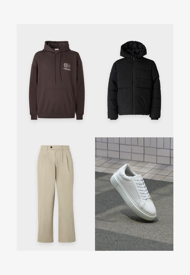 Casaco puffer preto com fecho de correr, capuz e design acolchoado horizontal. Feito de um tecido liso e durável com punhos canelados.; Sweatshirt com capuz castanho-escuro, feito de malha de algodão, apresentando um bolso frontal e um logótipo branco com um globo e texto na área esquerda do peito.; Calças bege com corte descontraído, apresentando pregas, fecho de botão, bolsos laterais e pernas retas. Textura de tecido suave.; Tênis de couro branco com superfície lisa, bico redondo e cadarços brancos planos. Apresenta uma sola de borracha texturizada e elementos de design minimalistas.