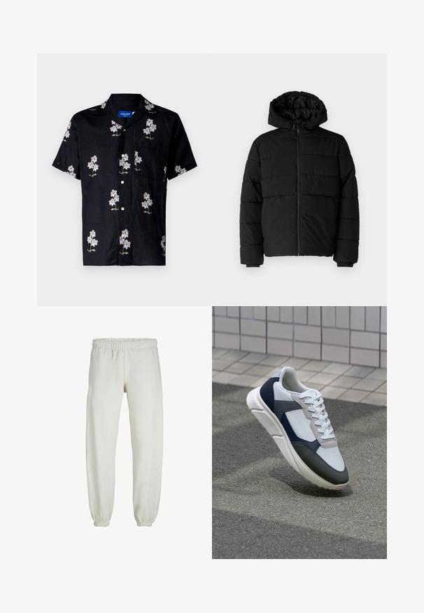 Sort pufferjakke med lynlås foran, hætte og vandret quiltet design. Lavet af et glat og holdbart stof med ribbede manchetter.; Kortærmet sort skjorte med et blomster mønster broderet i hvidt og guld, knaplukning og en brystlomme. Tekstureret stof.; Hvide sweatpants lavet af blødt stof, med elastisk talje og håndled, der har en glat tekstur og løs pasform.; Hvide, marineblå og grå sneakers med et design i blandede materialer, der har en tekstureret overdel, flade snørebånd og en polstret sål.