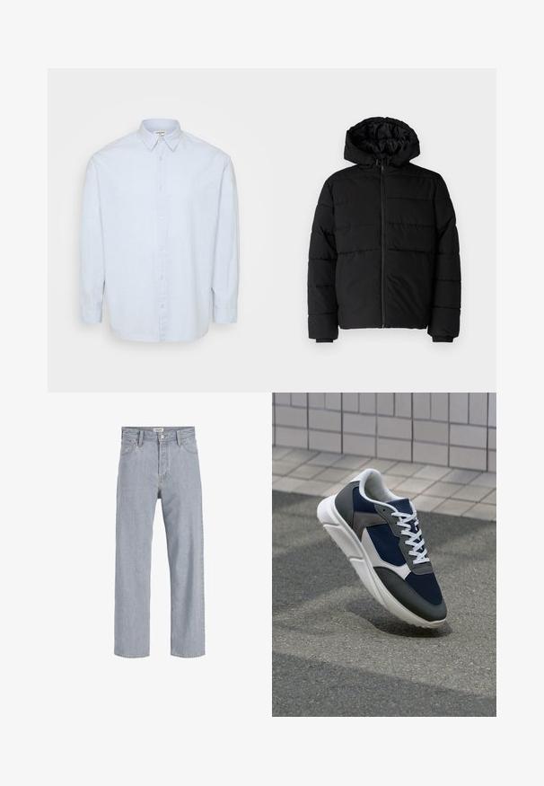 Casaco puffer preto com fecho de correr, capuz e design acolchoado horizontal. Feito de um tecido liso e durável com punhos canelados.; Camisa de botão de manga longa azul claro, feita de um tecido macio, com colarinho clássico e corte reto, apresentando botões na parte da frente.; Jeans de denim azul claro com um corte relaxado, design de perna reta, costura visível, dois bolsos frontais e fecho de botão.; Sapatilha com parte superior em malha azul-marinho, detalhes em camurça cinza, sola de borracha branca e atacadores brancos planos, projetada para conforto e respirabilidade.