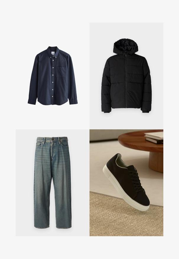Fekete puff dzseki cipzárral elöl, kapucnival és vízszintes steppelt mintázattal. Simább, tartós anyagból készült, bordázott mandzsettákkal.; Tengerészkék gombos ing, pamutból készült, hegyes gallérral, hosszú ujjakkal, egy mellzsebbel és fehér gombokkal.; Világoskék farmernadrág, laza fazonnal, közepes derékbőséggel és egyenes szárral. Öt zsebet, övbucskát és gombos záródást tartalmaz.; Fekete sneakers fehér talppal lebeg egy bézs textúrájú szőnyeg felett, egy kerek fából készült asztal közelében, rajta egymásra pakolt könyvekkel.