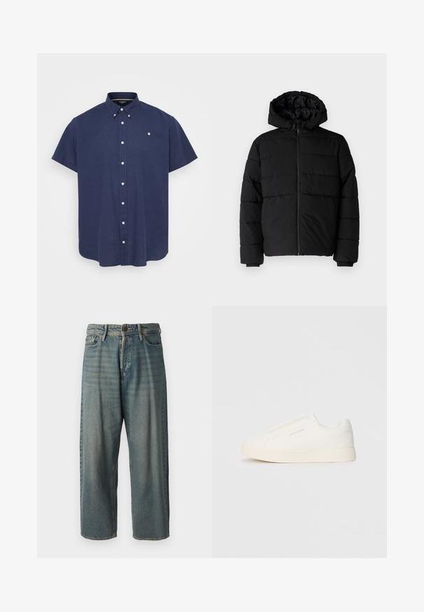 Jachetă puffer neagră cu fermoar în față, glugă și un design matlasat orizontal. Fabricată dintr-un material neted și rezistent, cu manșete ribbate.; Cămașă cu mânecă scurtă, de culoare albastru închis, cu guler, dotată cu nasturi albi și un mic logo pe partea stângă a pieptului. Material din bumbac.; Jeans din denim bleu deschis, cu o croială lejeră, talie medie și picioare drepte. Au cinci buzunare, bucle pentru curea și închidere cu nasture.; Tenisi albi slip-on cu o suprafață texturată, talpă groasă și un design minimalist. Prezintă logo-ul brandului pe lateral.