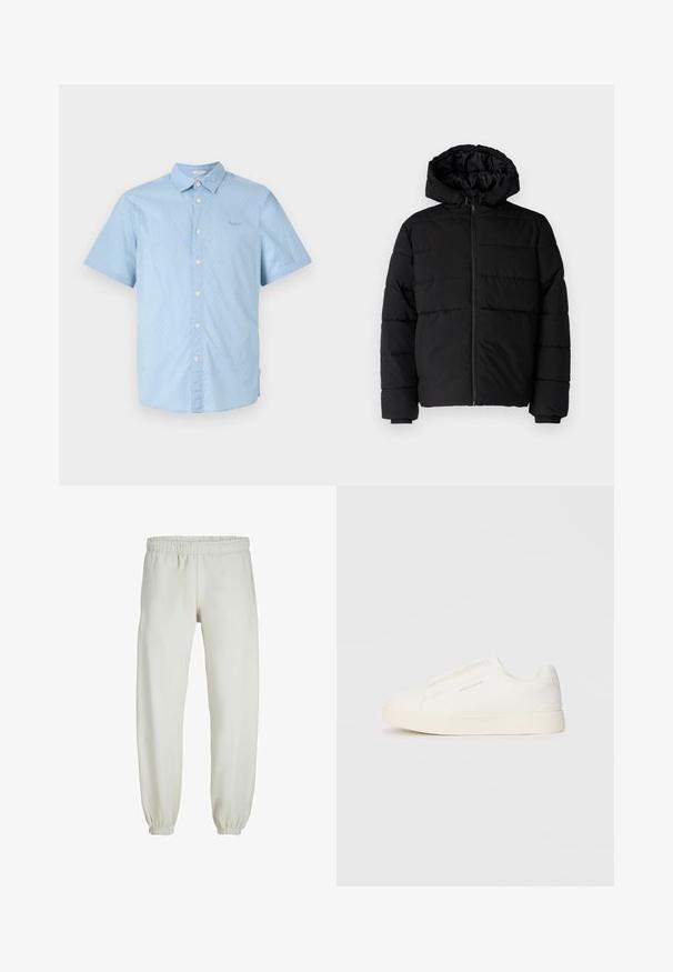 Fekete puff dzseki cipzárral elöl, kapucnival és vízszintes steppelt mintázattal. Simább, tartós anyagból készült, bordázott mandzsettákkal.; Világoskék, fehér pöttyös, rövid ujjú ing, gombos elejével, klasszikus gallérral és diszkrét logórésszel a mellrészen.; Fehér melegítőnadrág, puha anyagból készült, rugalmas derékrésszel és mandzsettával, sima tapintású és laza szabású.; Fehér slip-on sportcipők texturált felülettel, vastag talppal és minimalista dizájnnal. Az oldalon a márka logója található.