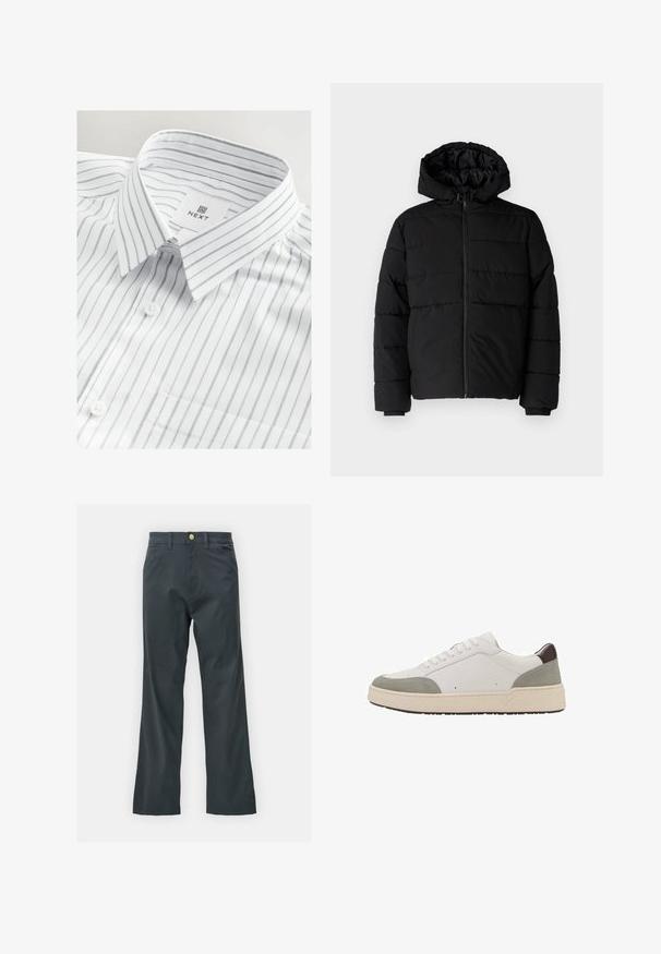 Schwarze Daunenjacke mit Reißverschluss vorne, Kapuze und horizontalem Steppmuster. Hergestellt aus einem glatten, strapazierfähigen Stoff mit gerippten Manschetten.; Weißes Hemd mit dünnen grauen Längsstreifen, Button-Down-Kragen, einer einzelnen Brusttasche und einem eingestickten Markenetikett im Kragen.; Schwarze Hose mit geradem Bein, aus einem Baumwollmix. Verfügt über einen Metallknopfverschluss und seitliche Taschen. Keine sichtbaren Muster.; Weiße Sneakers mit grauen Wildleder- und dunkelbraunen Lederakzenten. Verfügt über ein Schnürdesign, eine abgerundete Zehenpartie, eine dicke weiße Gummisohle und minimalen Nähten.