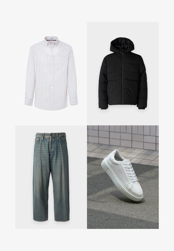 Crni puffer kaput s patentnim zatvaračem sprijeda, kapuljačom i horizontalnim šavovima. Izrađen od glatkog, izdržljivog materijala s rebrastim manžetama.; Bijela košulja s dugim rukavima i uzorkom mreže u crvenoj i plavoj boji. Ovratnik na gumbe, prednji dio s gumbima i manžete koje se zakopčavaju na gumbe.; Svijetloplave traperice s širokim krojem, srednjim pojasom i ravnim nogavicama. Ima pet džepova, petlje za remen i kopčanje na gumb.; Bijela kožna tenisica s glatkom površinom, okruglim vrhom i ravnim bijelim vezicama. Ima teksturiran gumeni potplat i minimalne dizajnerske elemente.