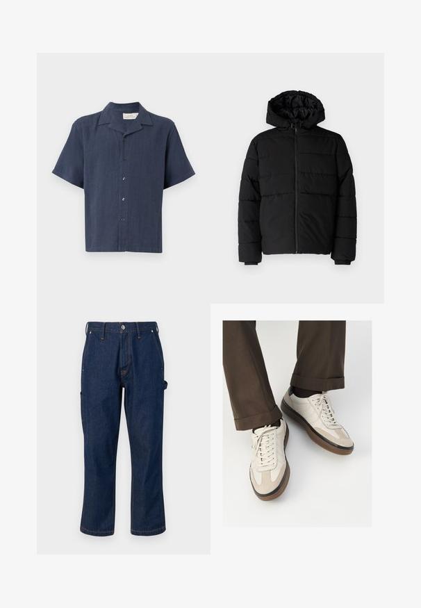 Svart boblejakke med glidelås foran, hette og horisontalt quiltet design. Laget av et glatt, slitesterkt stoff med ribbede cuffs.; Korte ermer, knappet skjorte i mørk marineblå, laget av teksturert stoff. Har en klassisk krage og fem svarte knapper foran.; Mørkeblå denimbukser med rette ben, som har kontrasterende oransje sømmer og sidelommer, som lukkes med en metallknapp.; Beige sneakers med teksturert semsket front, glatte skinnsider og en brun gummisåle. Snører og lys syddetalj inkludert.