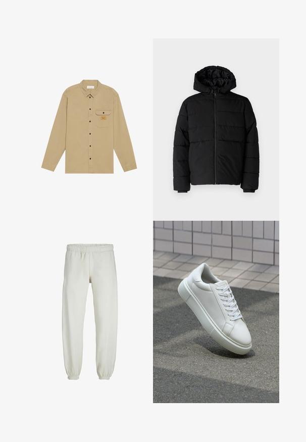 Melna pūkainā jaka ar rāvējslēdzēju priekšā, kapuci un horizontālu quiltēšanas dizainu. Izgatavota no gludas, izturīgas auduma ar ribotām piedurknēm.; Beidzēta brūna krekls ar garām piedurknēm, izgatavots no kokvilnas, ar pogājamām apkaklēm, melnām pogām, krūšu kabatu un zīmola etiķeti uz kabatas.; Baltas treniņbikses, izgatavotas no mīkstas auduma, ar elastīgu jostu un piedurknēm, gluda tekstūra un brīva piegriezuma dizains.; Baltas ādas sporta apavi ar gludu virsmu, apaļu pirkstu un plakanām baltām šņorēm. Iezīmējas ar strukturētu gumijas zoli un minimālisma dizaina elementiem.