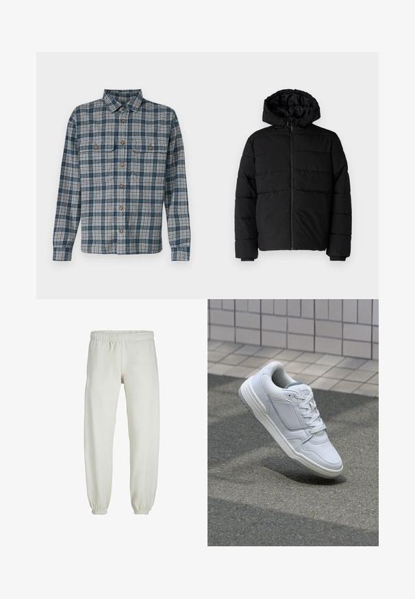 Black puffer jacket featuring a zip front, a hood, and horizontal quilted design. Made of a smooth, durable fabric with ribbed cuffs.; Plaid button-up shirt featuring a navy blue and beige color scheme, long sleeves, two chest pockets, and brown button accents. Cotton fabric.; White sweatpants made from soft fabric, featuring an elastic waistband and cuffs, with a smooth texture and loose-fitting design.; White leather sneaker with perforated sides, textured accents, flat laces, and a contrasting gray heel. Features a slightly elevated sole.