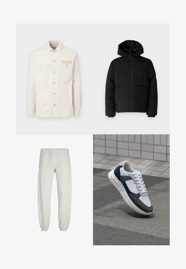 Giacca a vento nera con zip frontale, cappuccio e design a righe orizzontali. Realizzata in un tessuto liscio e resistente con polsini a coste.; Giacca in denim bianco con maniche lunghe, colletto a punta, due tasche frontali, bottoni a pressione in metallo e etichetta in tessuto con il marchio sul petto.; Pantaloni tuta bianchi realizzati in tessuto morbido, dotati di vita e polsini elastici, con una texture liscia e una vestibilità ampia.; Sneaker bianca, blu navy e grigia con un design a materiali misti, caratterizzata da una tomaia testurizzata, lacci piatti e una suola imbottita.