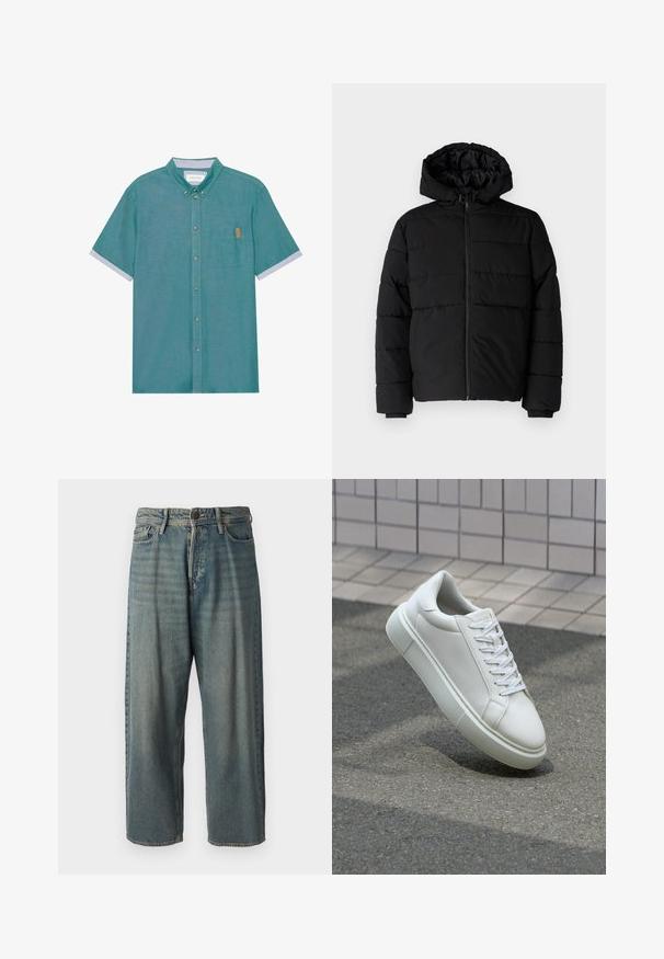 Čierna puff jacket s predným zipsom, kapucňou a horizontálnym prešívaním. Vyrobená z hladkej, odolnej tkaniny s rebrovanými manžetami.; Krátky rukáv, košeľa na gombíky z tkaniny v odtieni teal s náprsníkovou vreckom a kontrastnými svetlošedými manžetami, ktorá má jemnú textúru a hnedú etiketu.; Svetlomodré denimové nohavice so voľným strihom, stredne vysokým pásom a rovnými nohavicami. Obsahujú päť vreciek, pútka na opasok a zapínanie na gombík.; Biele kožené tenisky s hladkým povrchom, okrúhlym špičkou a plochými bielymi šnúrkami. Obsahuje štruktúrovanú gumovú podrážku a minimalistický dizajn.