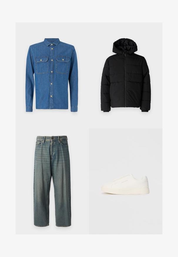 Svart boblejakke med glidelås foran, hette og horisontalt quiltet design. Laget av et glatt, slitesterkt stoff med ribbede cuffs.; Denimskjorte i mørk blå, lange ermer med knappekanter, spiss krage, to brystlommer og frontlukning med knapper i gull.; Lyseblå denimjeans med løs passform, midjehøyde og rette ben. Har fem lommer, beltehemper og knappelukking.; Hvite slip-on joggesko med teksturert overflate, tykk såle og minimalistisk design. Har merkevarelogo på siden.