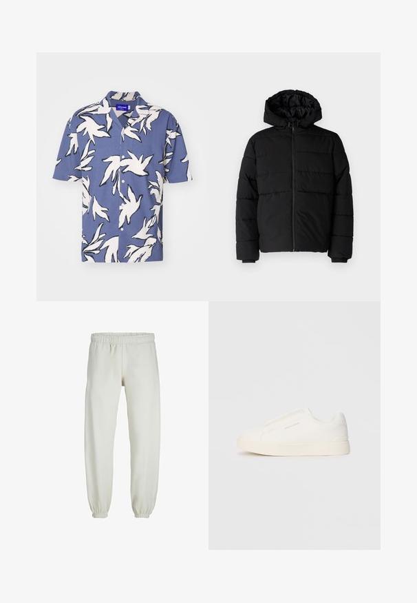 Chaqueta acolchada negra con cremallera frontal, capucha y diseño acolchado horizontal. Fabricada con un tejido suave y duradero con puños acanalados.; Jack & Jones JORJEFF - Camisa - night shadow blue; Pantalones de chándal blancos hechos de una tela suave, con cinturilla y puños elásticos, que presentan una textura suave y un diseño holgado.; Zapatillas blancas tipo slip-on con una superficie texturizada, suela gruesa y diseño minimalista. Presenta el logo de la marca en un lado.