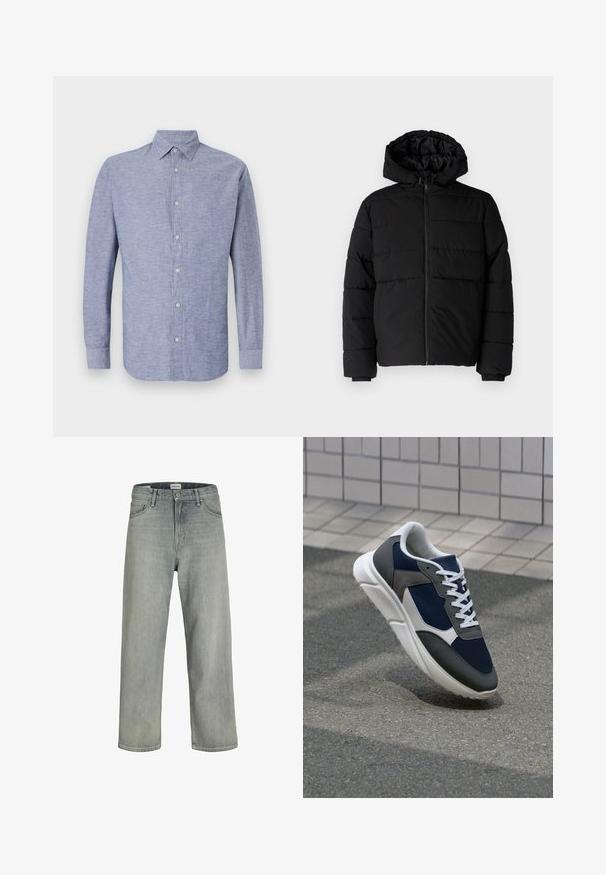 Svart boblejakke med glidelås foran, hette og horisontalt quiltet design. Laget av et glatt, slitesterkt stoff med ribbede cuffs.; Langermet skjorte i lyseblått stoff med teksturert overflate, knapper foran og klassisk krave. Har fem knapper foran.; Lys grå, løstsittende jeans laget av denim. Har en klassisk fem-lomme-design, beltehemper og en rett ben-silhuett.; Sneakers med en navy blå mesh-overdel, grå sømværk, hvit gummisåle og flate hvite snører, designet for komfort og pusteevne.