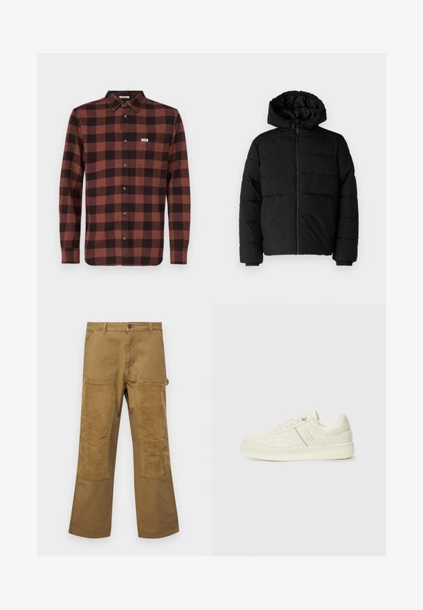 Casaco puffer preto com fecho de correr, capuz e design acolchoado horizontal. Feito de um tecido liso e durável com punhos canelados.; Camisa de manga longa em padrão xadrez vermelho e preto, feita de algodão, com colarinho abotoável, parte frontal totalmente abotoada e um bolso no peito com logotipo.; Calças cargo de algodão castanho com remendos de tecido ribbed contrastantes, corte reto, cinco bolsos e fecho de botão.; Sapatilha de cor creme com detalhes perfurados, atacadores e logotipo na lateral, apresentada contra um fundo branco liso.