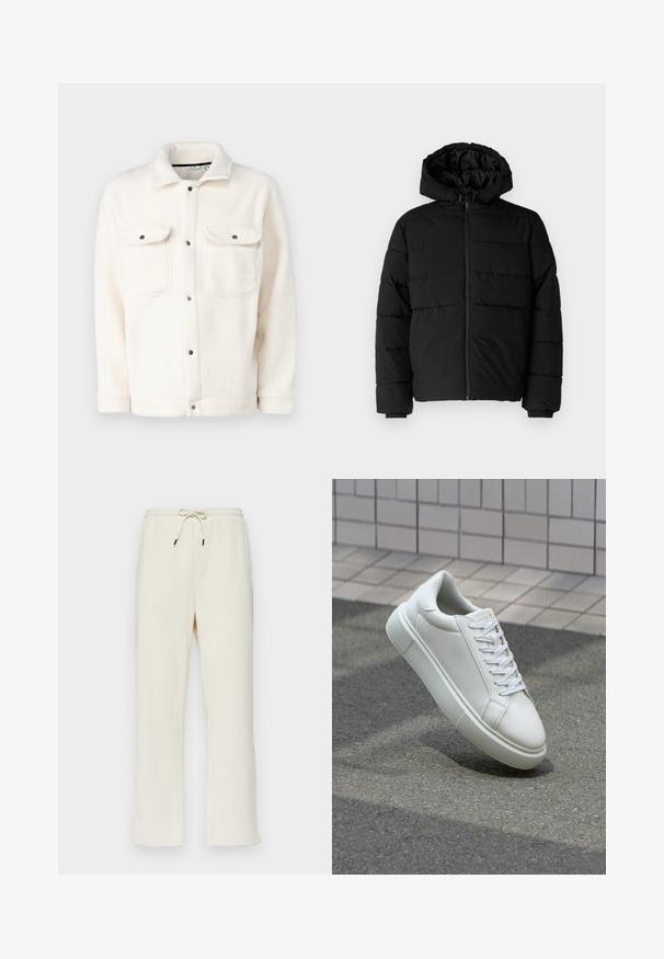 Černá péřová bunda s předním zipem, kapucí a vodorovným prošíváním. Vyrobena z hladké a odolné látky s žebrovanými manžetami.; Fleecová bunda v krémové barvě s knoflíkovým zapínáním, dvěma hrudními kapsami a košilovým límcem. Má texturovaný povrch a zaoblené manžety.; Krémové žebrované tepláky s elastickým pasem na šňůrku, které mají dvě boční kapsy a rovný střih nohavic.; Bílé kožené tenisky s hladkým povrchem, kulatou špičkou a plochými bílými tkaničkami. Disponují texturovanou gumovou podrážkou a minimálními designovými prvky.